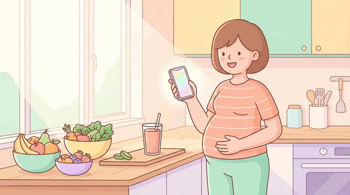 Happy pregnant woman with healthy food